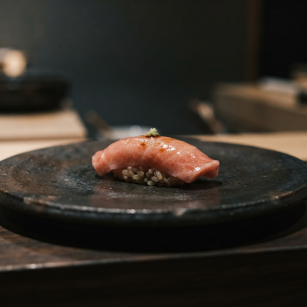 Detalle de una pieza de omakase servida en un plato de cerámica oscura